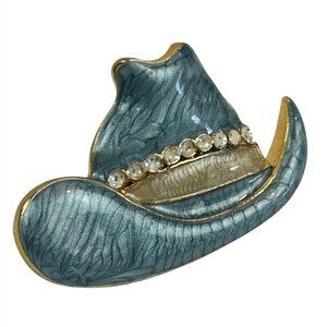 Vintage Cowboy Hat Brooch Gold Blue Rhinestones Western Style Retro Pin